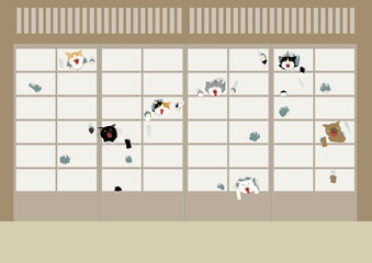 障子に穴を開けて顔を出す7匹の悪戯猫