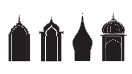 Obraz premium Four ornate islamic architectural elements in black silhouette on transparent background