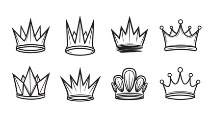 Collection of various crown sketches and designs on transparent background silhouette