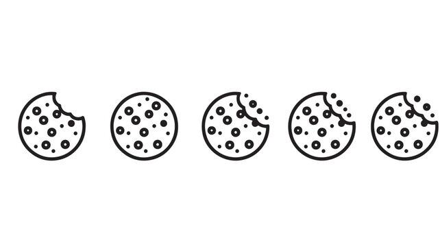 Five circular cookies with bite marks single line illustration silhouette on transparent background