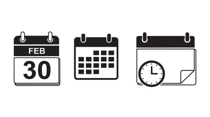 Three black calendar icons with dates and a clock on transparent background silhouette
