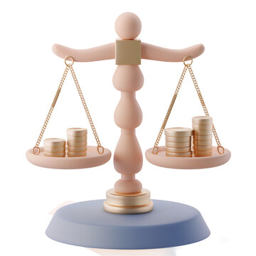 scales of justice and stack of money 3d style on transparent background