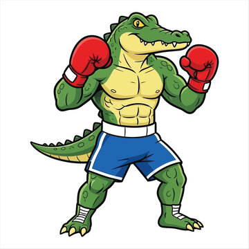 Vibrant cartoon illustration of a muscular alligator boxer poised for action, showcasing strength and determination in a classic pugilistic stance, perfect for sports and competition themes