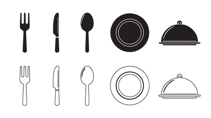 Black flatware and dishware icons arranged in two rows on transparent background silhouette