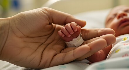 Close up of a newborn baby's hand being held in a larger hand showing the size difference and bond formed