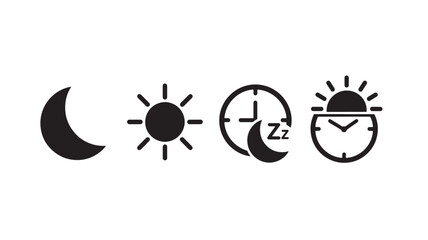 Four sleep related icons moon sun clock and bed silhouette