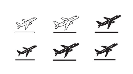 Six airplane icons in varying styles on transparent background silhouette