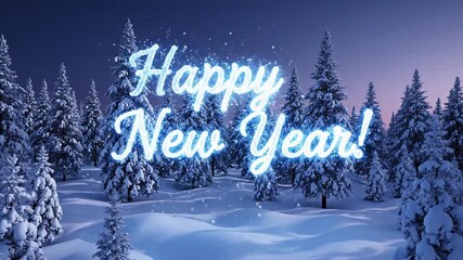 happy new year sign created from blue glowing light in a winter forest