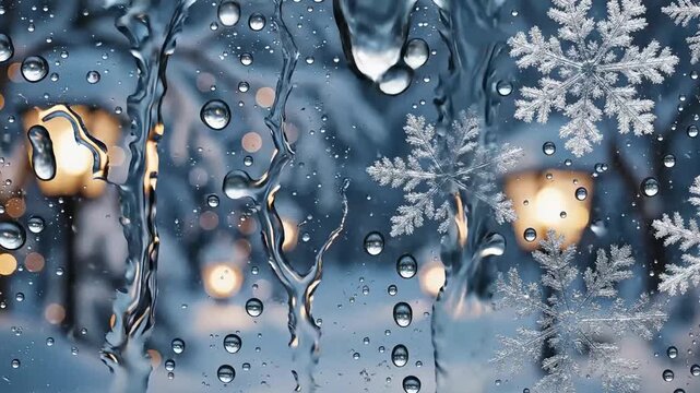 large snowflakes and water drops on glass with blurred burning lanterns in the background