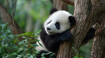 Obraz premium Young Playful Panda Climbing Trees in Natural Habitat – Endangered Wildlife in Asian Forests