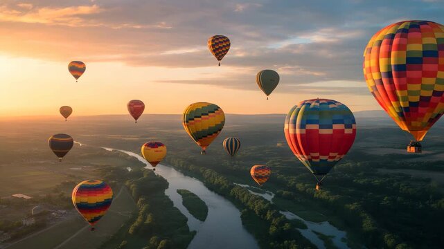 Experience the thrill of hot air balloons soaring over a lush valley at dawn