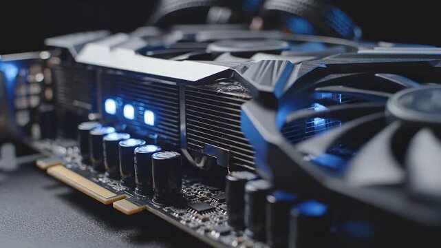 Computer hardware graphic card close up electronic component with blue light