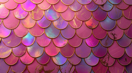 Seamless pattern of shiny iridescent pink mermaid scales with golden accents and holographic texture.