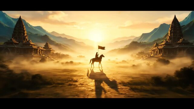 Epic cinematic scene of a lone warrior on horseback at sunrise amidst ancient temples and misty mountains, evoking a sense of adventure and historical journey