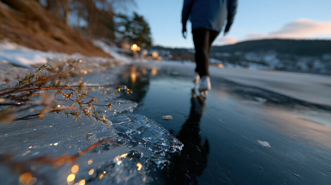 A person gliding over a serene frozen lake at sunset, capturing the beauty of winter. Glimmering ice and soft shadows reflect the tranquil atmosphere perfectly.