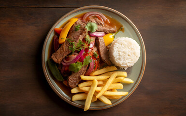A top-view photograph of a traditional Peruvian lomo saltado dish served on a rustic ceramic plate against a dark wooden table. The stir-fried beef strips are perfectly seared and mixed with vibrant r