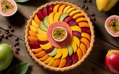 A top-view photograph of a traditional Colombian fruit pie from El Carmelo, showcasing vibrant tropical fruits arranged in an intricate pattern. The pie features a golden, flaky pastry crust filled wi