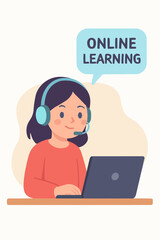 Vector illustration of a girl character sitting at desk with laptop and headphones for online learning