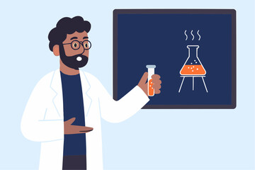 Flat vector of a science teacher character holding test tube and explaining experiment