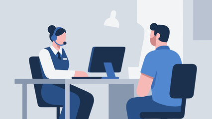 Customer Service Representative with Headset Consulting Male Client at Desk
