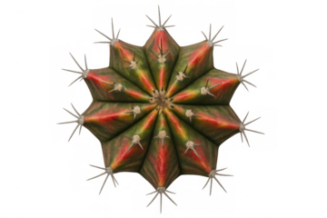 Gymnocalycium cactus top view showing vibrant green and red patterns with spiky thorns on transparent background