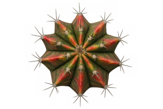 Gymnocalycium cactus top view showing vibrant green and red patterns with spiky thorns on transparent background