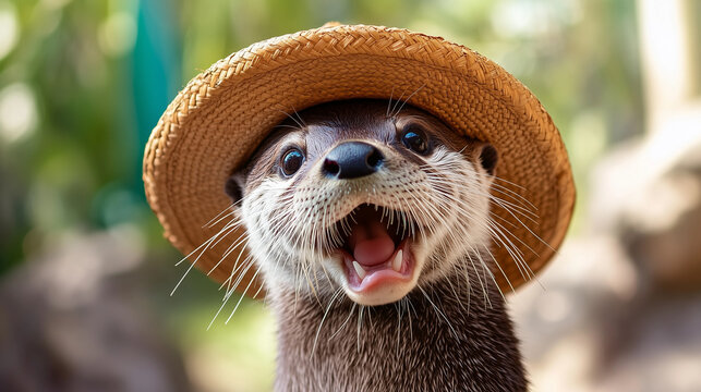 Cute otter with funny surprised expression wearing straw hat &ndash; funny animal portrait with joyful summer vibe