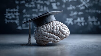 A brain wearing a graduation cap, symbolizing knowledge and education, stands against a backdrop of mathematical equations.