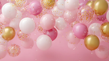 Floating Pink and Gold Party Balloons with Confetti