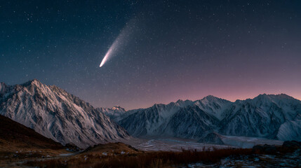 Comet Streaking Across Majestic Snowy Mountains at Night