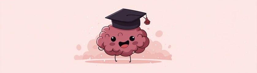Naklejka premium A cute, cartoon brain wearing a graduation cap, symbolizing education and intelligence against a soft pink background.