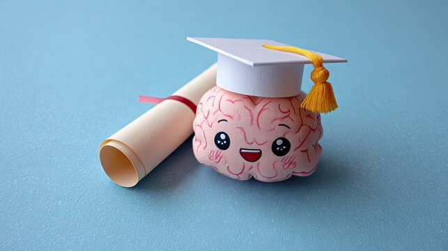 A cute graduation-themed brain character wearing a cap, beside a rolled diploma, set against a light blue background.