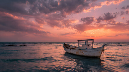 Serene Sunset over a Lonely Boat