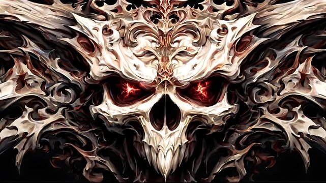 Ethereal skull with glowing red eyes and elaborate bone-like structure