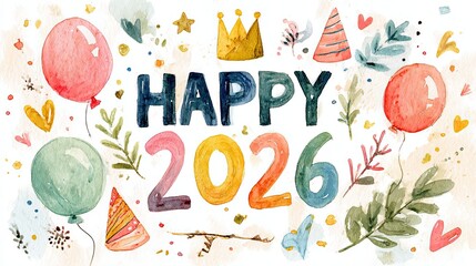 A vibrant, hand-drawn illustration celebrating the New Year 2026 with colorful balloons, party hats, and cheerful decorations.
