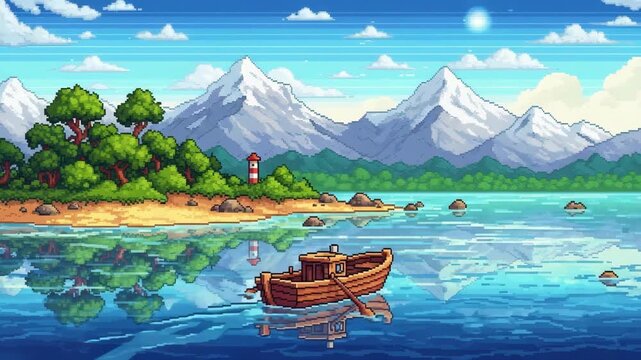 Beautiful pixel art landscape with boat and mountains.