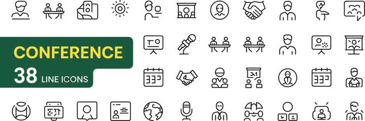 Conference line icons, business meeting, speaker, webinar, teamwork, consultation, global report, minimal vector set, professional presentation, corporate communication symbols