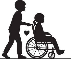 Fototapeta premium Silhouette illustration of a boy pushing a girl in a wheelchair, symbolizing care, friendship, and support for children with disabilities or special needs.