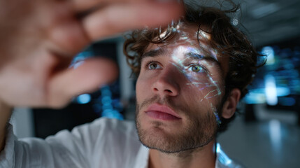 This close-up of a young man under glowing projections captures intense contemplation as scanning lights dance upon his features, emphasizing the interplay of light and emotion.