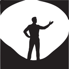 Silhouette of a man presenting or gesturing confidently against a black background embodying concepts like leadership, vision, and future opportunity