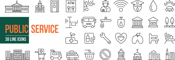 public, service, icons, vector, government, healthcare, transport, safety, infrastructure, ambulance, water, justice, medicine, lungs, bench