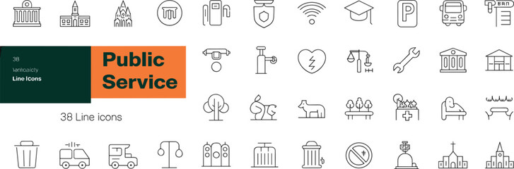 public, service, icons, vector, government, healthcare, transport, safety, education, infrastructure, faucet, trash, heart, shield, bench