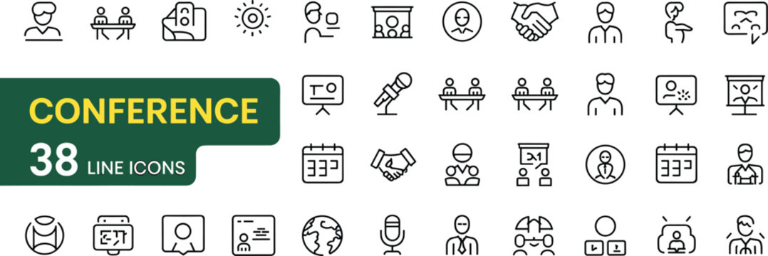 Conference line icons, business meeting, speaker, webinar, teamwork, consultation, global report, minimal vector set, professional presentation, corporate communication symbols