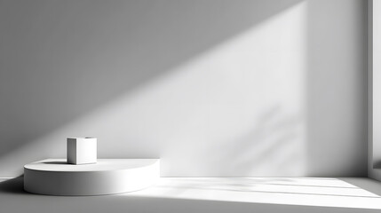 Minimalist White Studio with Podium and Sunlight Shadows
