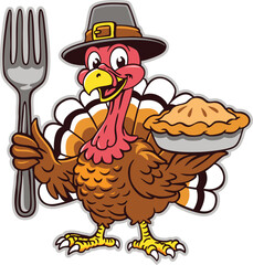 Thanksgiving turkey cartoon holding pie and fork