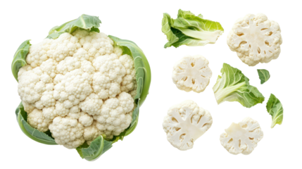 Fresh cauliflower head and florets isolated on transparent background