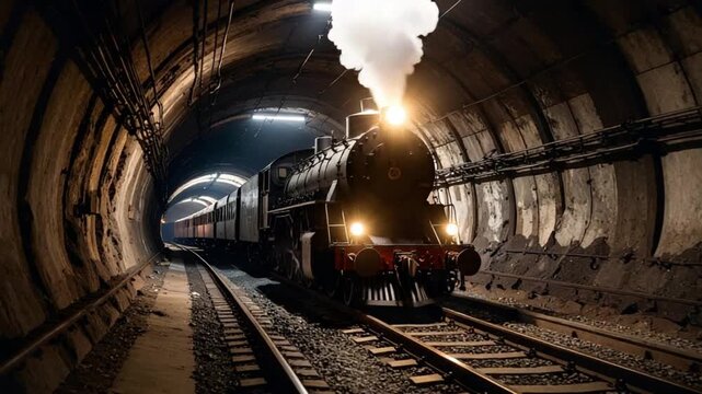 Train passing through an old tunnel, dim light from the front, mysterious atmosphere.