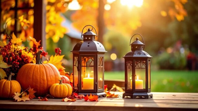 Autumn/Halloween decorations with pumpkin lanterns and candles, warm lighting.