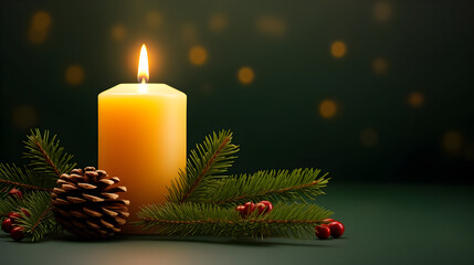 Christmas candle with pinecone and greenery