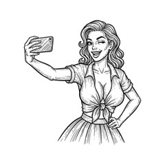 Smiling Woman Taking Selfie – Vintage Pop Art Engraving Style